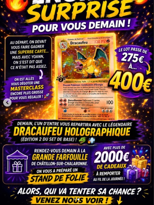 Le lot Dracaufeu Holo passe de 275 € à 400 € pour la Farfouille de Châtillon-sur-Chalaronne